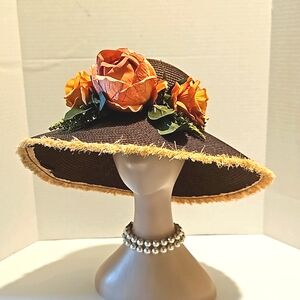 Beloved Millinery Gorgeous Brown Adjustable Fine Straw Hat Beautiful Flowers NWT